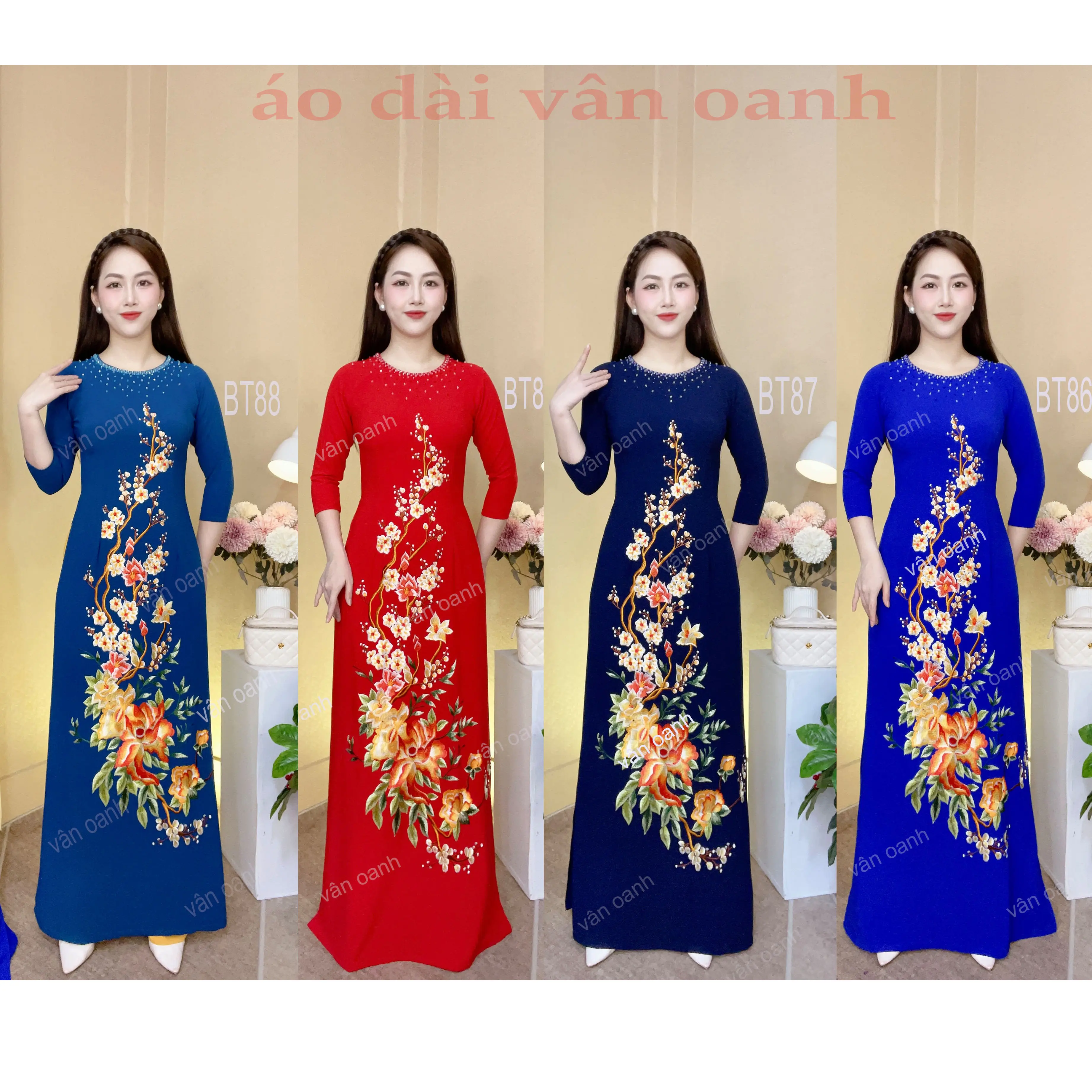 Áo dài thêu máy và đính kết thủ công trên chất liệu măng gồ cao cấp