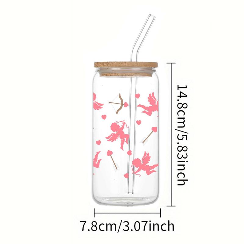 Product Introduction of Heart & Cupid Pattern Glass Cup with Straw & Lid, 1 Count 16oz Heat Resistant Drinking Cup, Creative Drinkware for Home Office Use 1