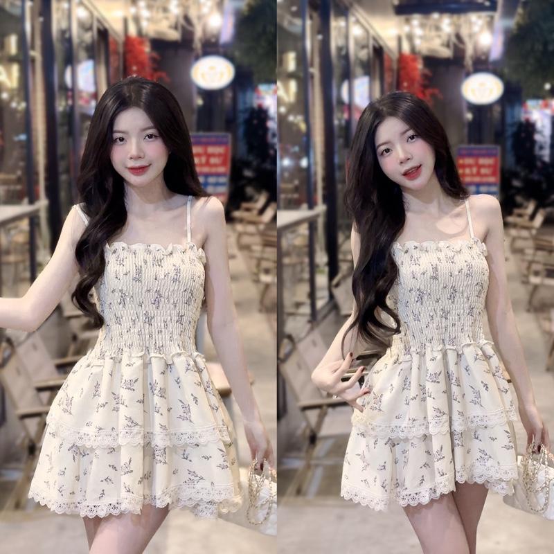 Đầm 2 dây nhún phối hoạ tiết hoa nhí 2 tầng bồng xoè 0
