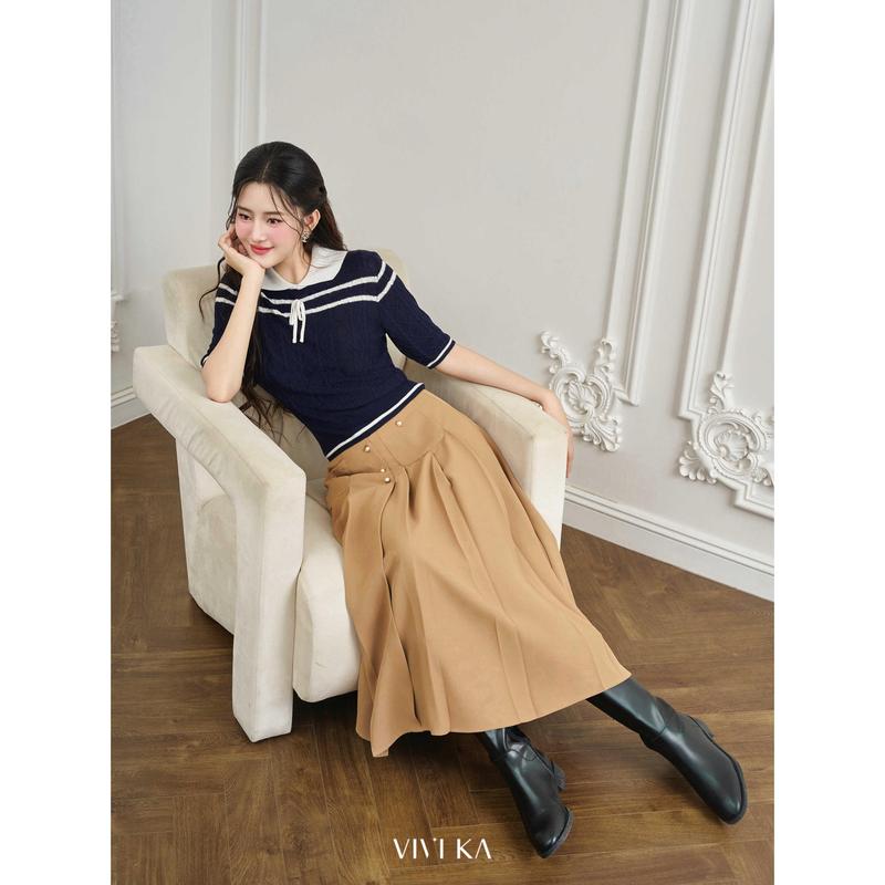 SUITS BY CHAN - Áo cổ sen phối nút, Váy dài xếp li dáng A - SCAO00045 SCCV00039 Nữ Women 8