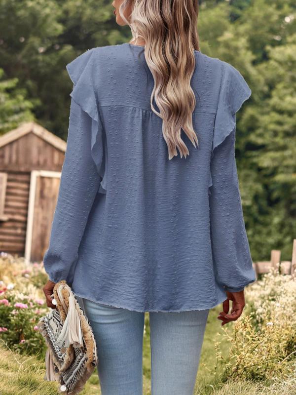Women's Plain Contrast Lace Swiss Dot Ruffle Trim Blouse, Boho Bishop Sleeve Keyhole Back Top for Fall & Winter, Women's Clothing for Daily Wear 7
