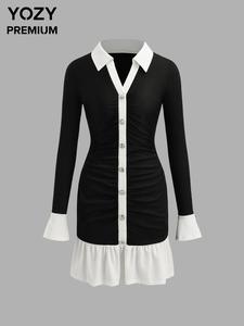 YOZY Women's Colorblock Ruched Button Front Dress, Elegant Collared Long Sleeve Dress for Daily Outdoor Wear, Ladies Clothes for All Seasons