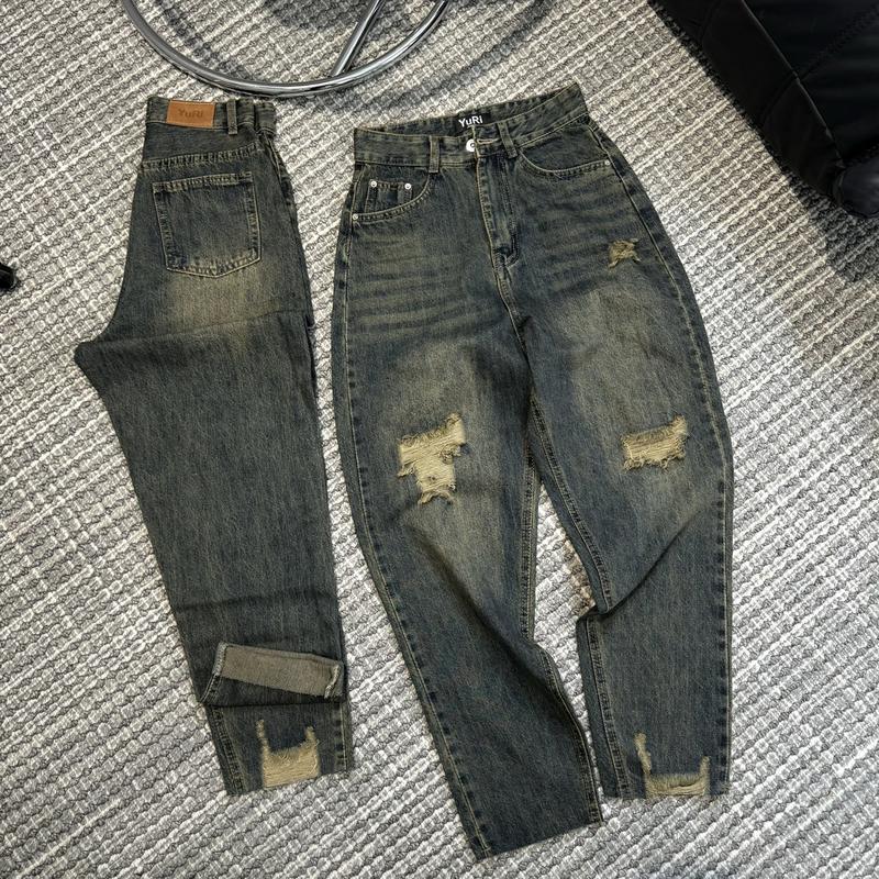 Product Introduction of YURI JEANS - (Vải QCCao Cấp) Quần Jeans Baggy Màu Dơ Bụi Rách Gối Chất Mền Mịn Dài94cm Nữ Pants 4