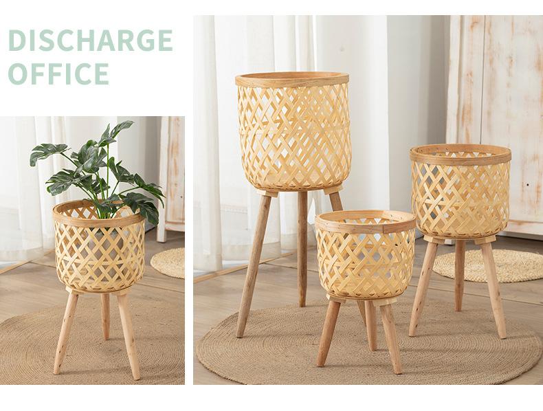Product Introduction of Nordic creative wicker bamboo grass flower basket wooden high flower stand indoor living room decoration green lily flower pot 18