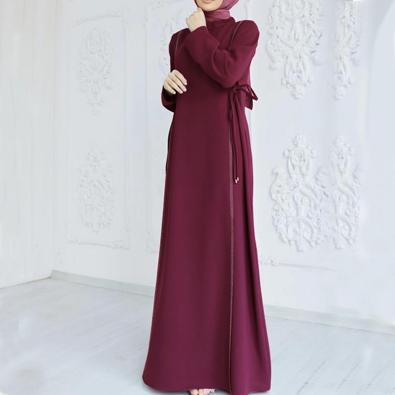 Muslim Middle East Simple Women's Clothing Long Dress round Neck Solid Color A- line Skirt Long Sleeve Lace Dress 0