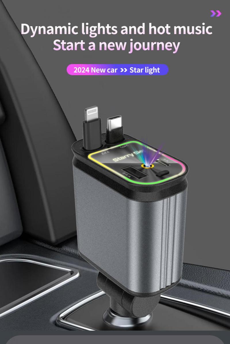 Product Introduction of COD FREE Shipping Upgraded 120W PD+USB Quick Charger with 2 Retractable Cable Fast Charging Car Phone Charge with Ambient light 4in1 Power Adapter 10