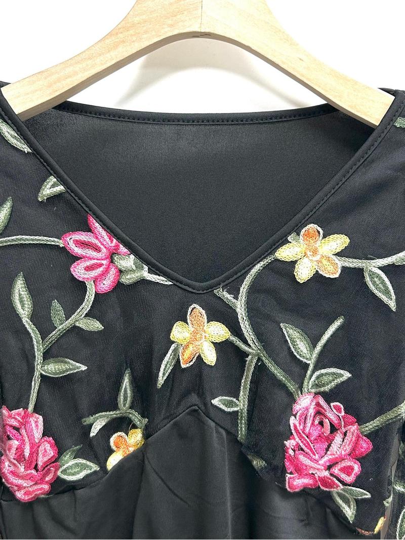 Product Introduction of Women's Floral Embroidery V Neck Long Sleeve Bodysuit, Casual Bodysuit for Daily Wear, Ladies Clothes for All Seasons 7