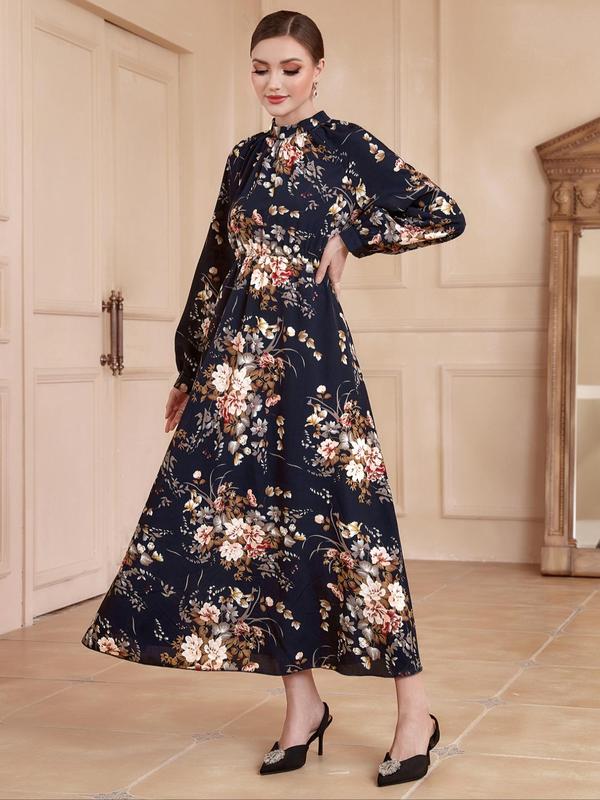 Women's Floral Print Bishop Long Sleeve Mock Neck A-line Long Dress, Boho Flared Dresses, Summer Outfits 2024, Lady's Spring & Autumn Clothes 1