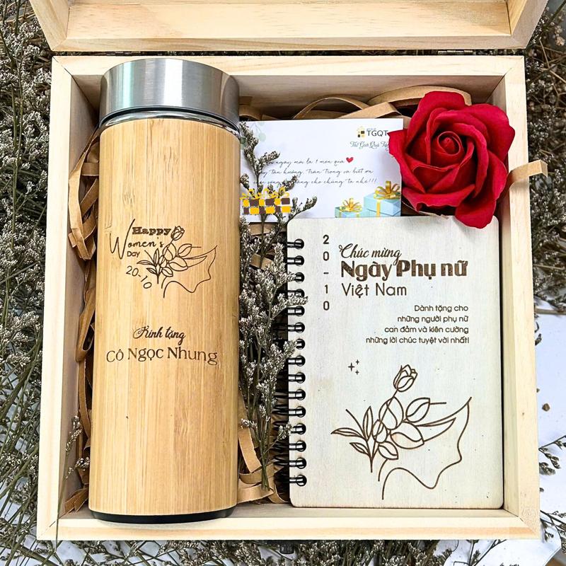 Set quà tặng bình giữ nhiệt và sổ gỗ khắc hình & chữ theo yêu cầu - Combo quà tặng độc đáo cho nam và nữ