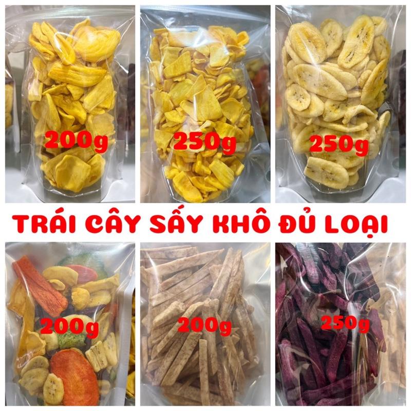 TRÁI CÂY SẤY KHÔ ĐỦ LOẠI : Mít Nguyên Mít vụn Chuối Nguyên A Chuối Sấy Mè Gừng Khoai Lang Tím Vàng A Khoai Môn A - Hàng mới thơm giòn ngọt đóng gói mỗi túi 200g và 250g