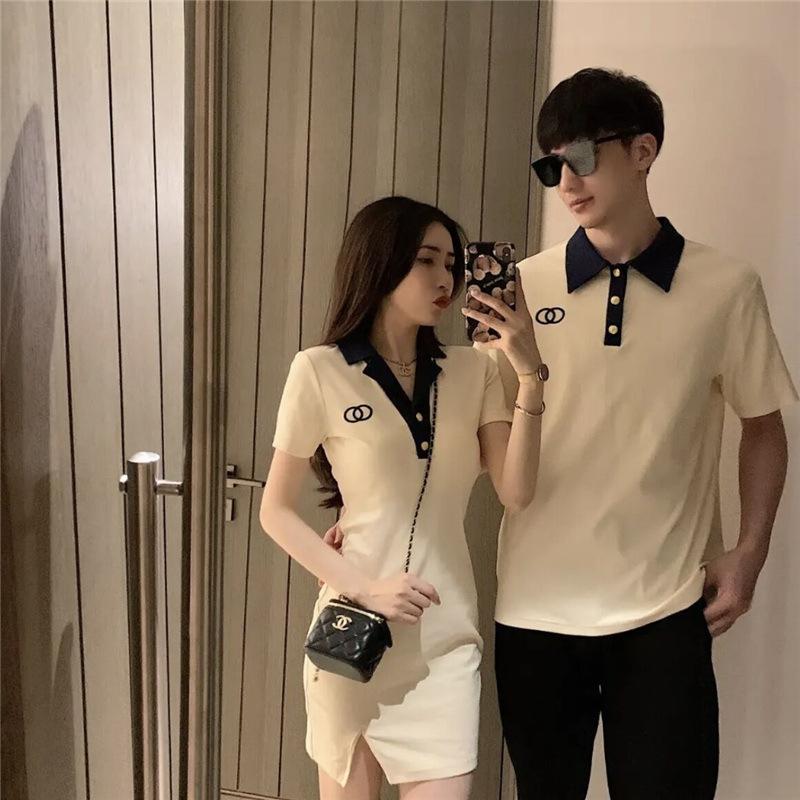  Đồ đôi nam nữ ️FREESHIP️ váy thun dạng ôm thêu hình kết hợp áo thun có cổ polo nam màu kem AV223 