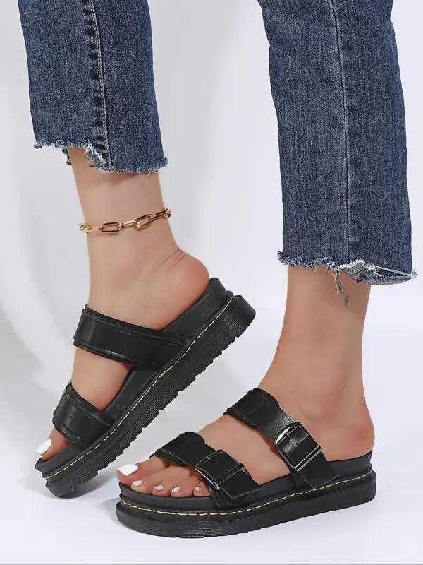 Women's Fashionable Plain Color Buckle Decorated Flat Sandals, Casual Comfortable Sandals for Summer, Lightweight Breathable Shoes for Daily Wear, Girl 5