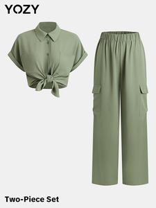 YOZY Women's Solid Button Front Shirt & Elastic Waist Pants Two-piece Set, Casual Batwing Sleeve Collared Top & Baggy Pocket Trousers for Summer, Ladies Clothes for Daily Wear