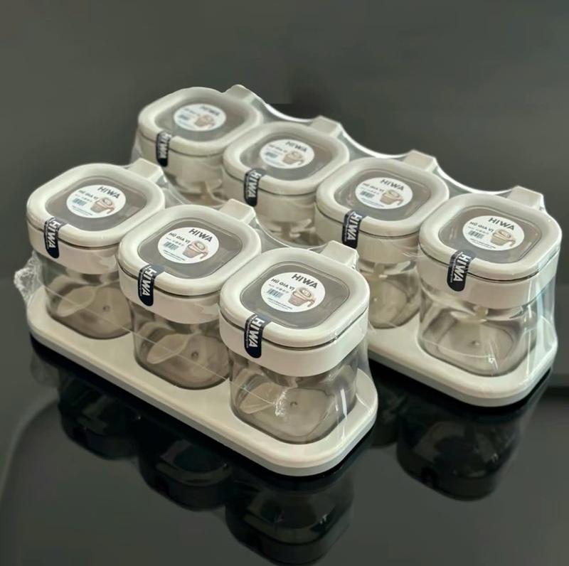 Khay đựng gia vị nhà bếp hộp đựng gia vị 3 ngăn 4 Ngăn nắp bật có chân đế tặng kèm muỗng