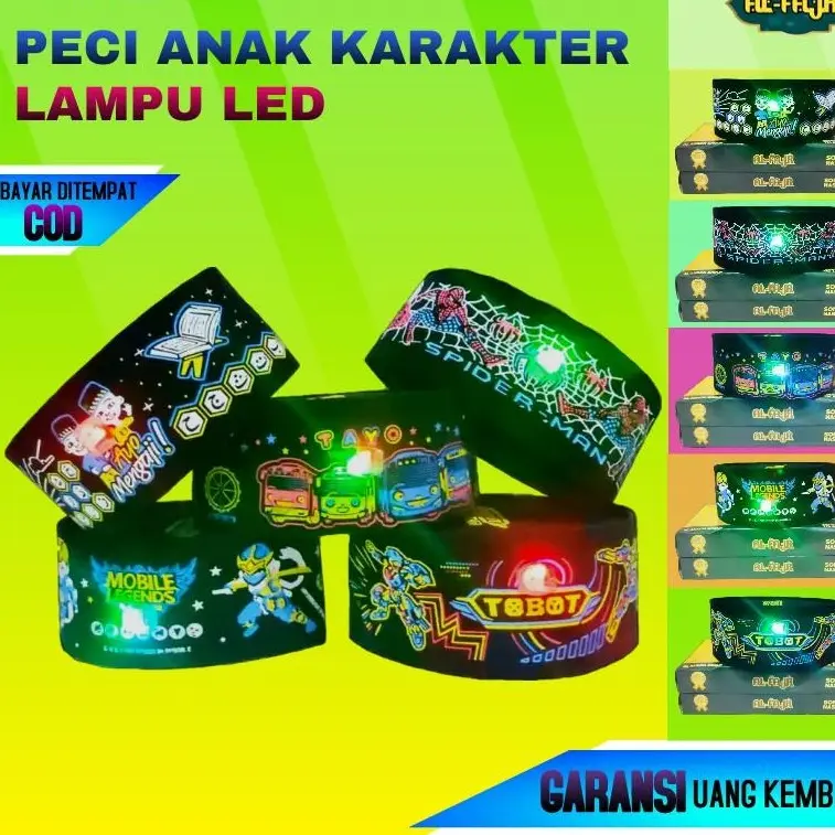 Peci Songkok Kopiah Motif Karakter Anak dengan Lampu LED Bordir Kuat dan Lembut Nyaman Dipakai 0