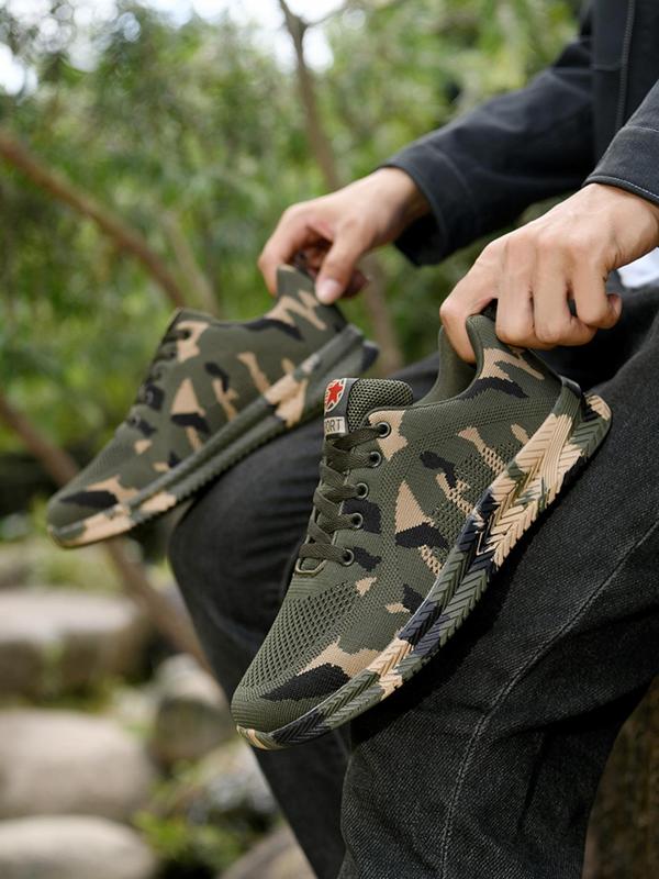 Men's Random Camo Print Lace up Low Top Sneakers, Casual Sporty Breathable Running Shoes for Outdoor Workout, Male Round Toe Work Shoes 8
