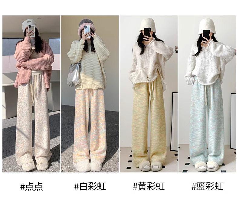 Product Introduction of Rainbow Color Glutinous Rice Pants Women's Autumn and Winter 2023 New High Waist Drooping Soft Glutinous Wide-Leg Pants Casual Knitted Fleece Padded Pants 15