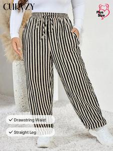 CURVZY Plus Size Striped Print Drawstring Waist Straight Leg Pants, Casual Comfy High Waist Trousers for Daily Wear, Women's Bottoms for All Seasons