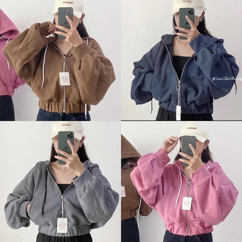 Áo khoác  nỉ nữ dáng lửng croptop tay phồng cánh dơi áo khoác nỉ llótlong Women Đen áo  khoác lửng