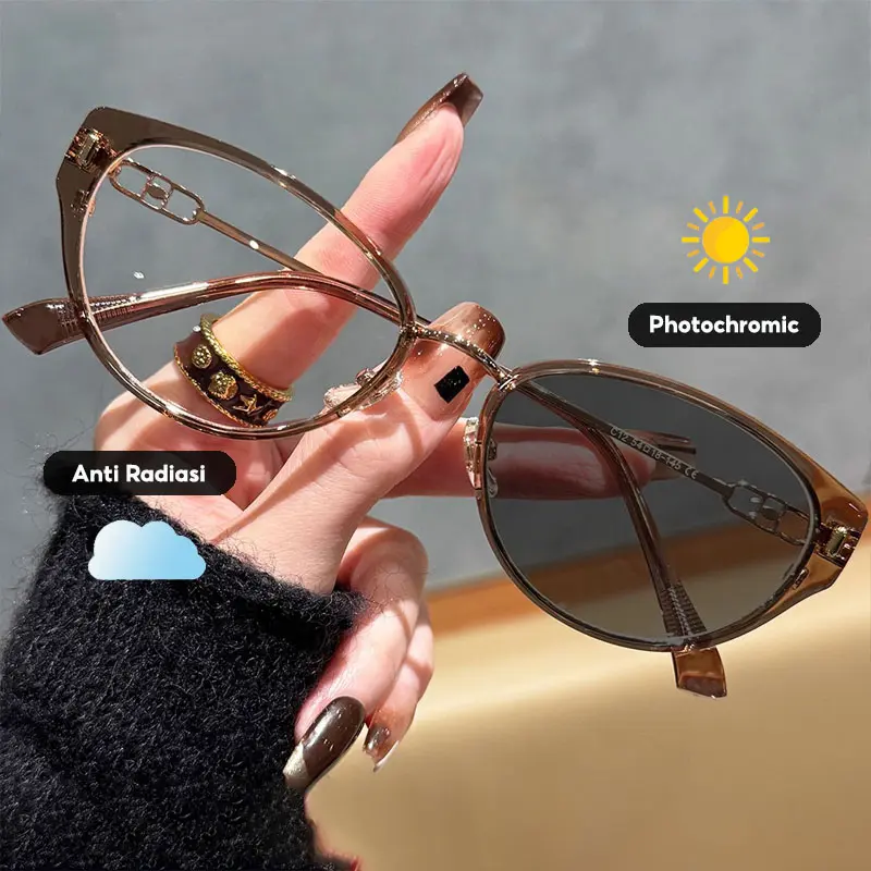 Kacamata Anti Radiasi Photochromic Modis Wanita Bingkai Mata Kucing Nyaman