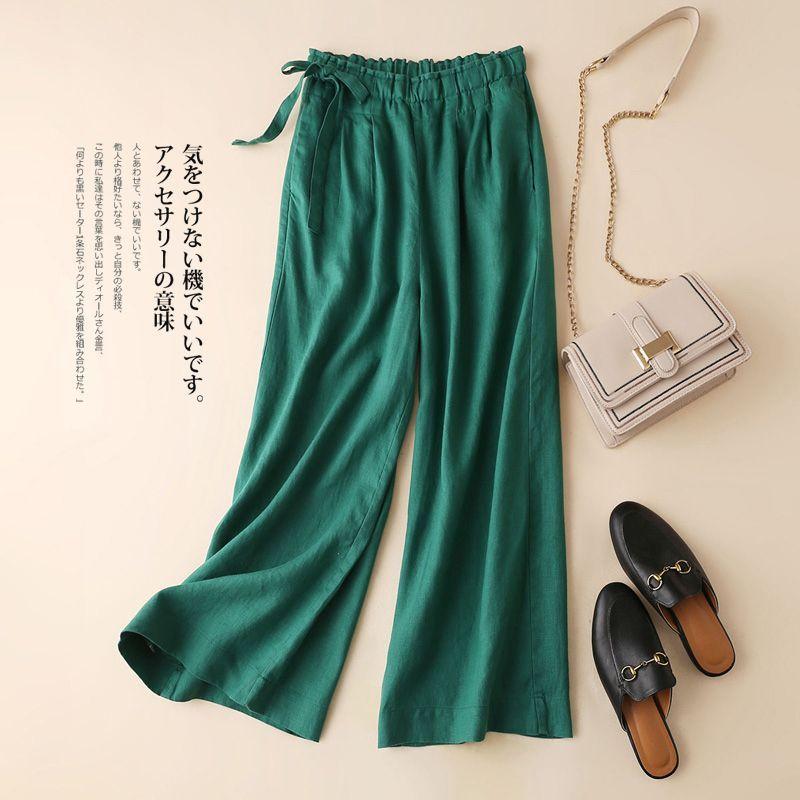Product Introduction of Cotton and linen wide-leg 9/10 Pants with a loose fit for women, High-waisted, Thin and Straight-leg Casual pants, Available in multiple Colors Womenswear Bottom Lingerie Comfort Trouser Basic Minimalist 4