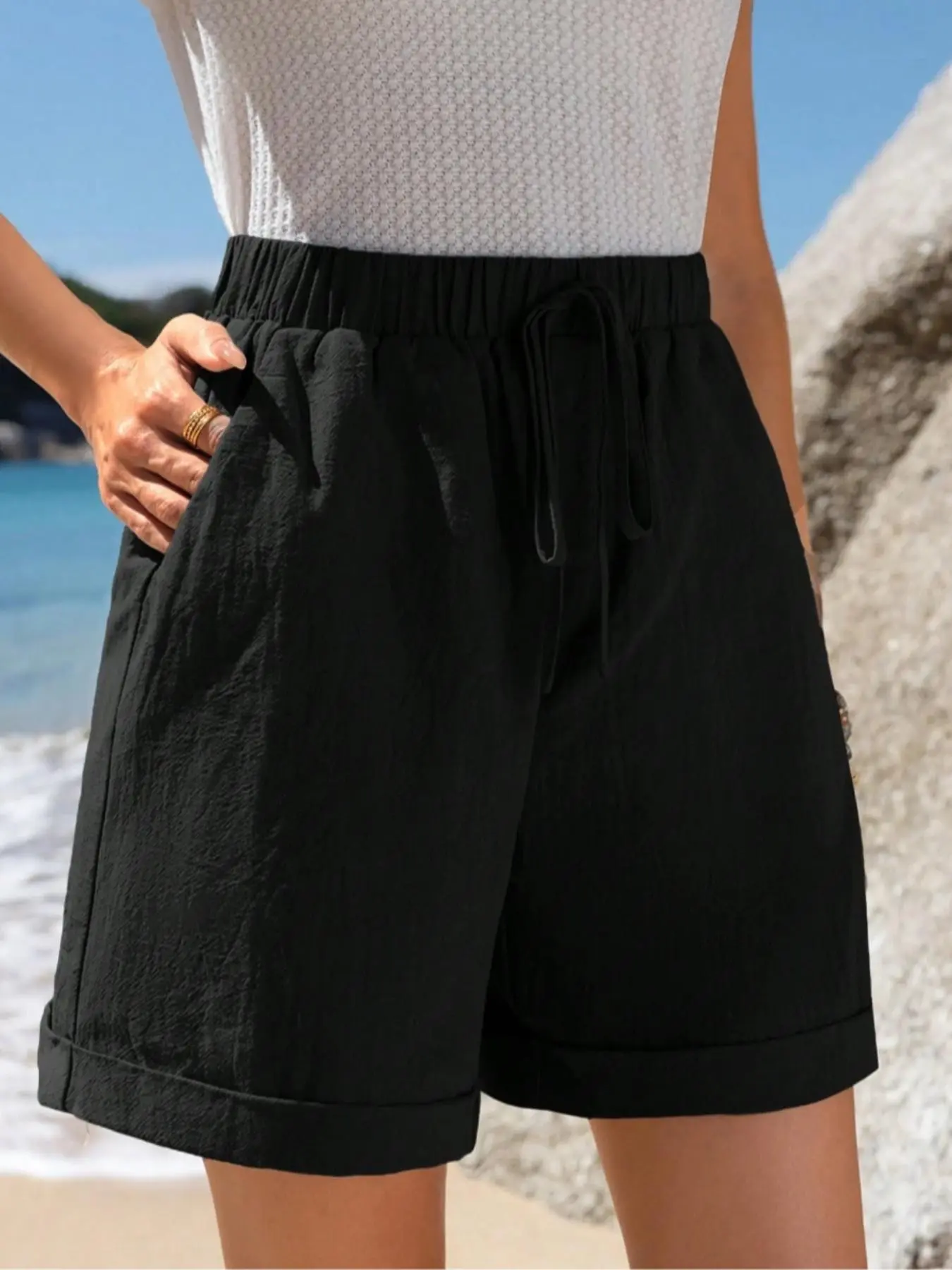 Women's Solid Color Drawstring Waist Shorts, Casual Fashion Pocket Shorts for Summer, Women's Bottoms for Daily Wear