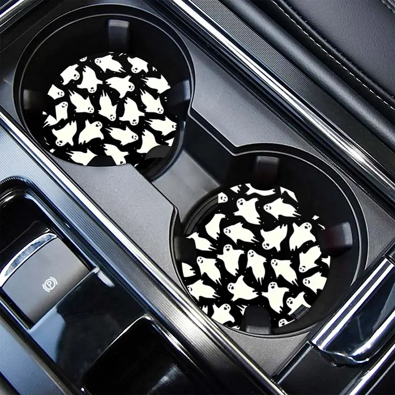Cute Cartoon Ghost Pattern Car Coaster, 2 Counts Universal Non-slip Car Cup Holder Mat, Cup Mat for Most Car Interior, Car Interior Decoration Accessories 0