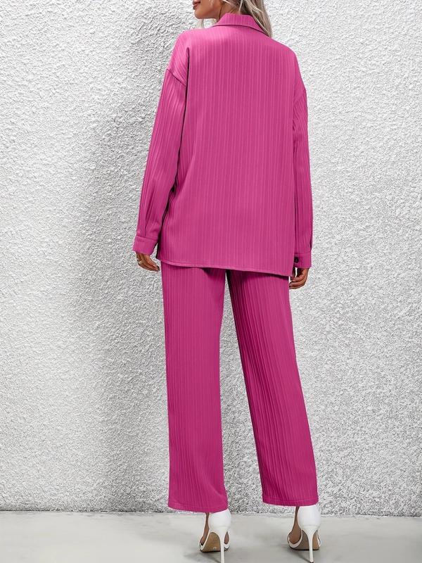 Women's Button Front Blouse & Elastic Waist Pants Set without Cami Top, Drop Shoulder Long Sleeve  Tops & High Waist Wide Leg Trousers Matching Set for Spring & Autumn, Summer Sets, 2 Piece Sets Women, Summer Outfits 2024, Co-ord Set for Women 4