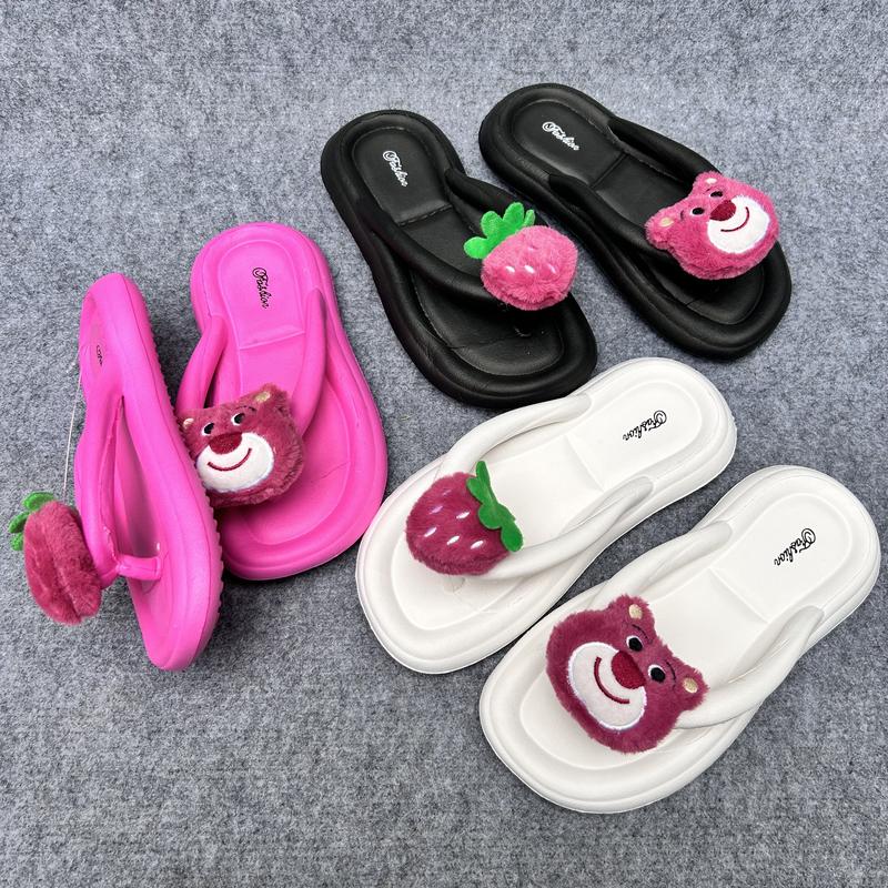 Tông kẹp bệt gắn Gấu Dâu, dép xỏ ngón đi biển đế bệt dễ thương