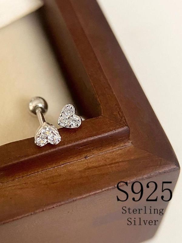 925 Sterling Silver Fashion Trendy Rhinestone Decor Heart Design Stud Earrings, Elegant Ear Jewelry for Women & Girls for Party, Daily Clothing Decor 4