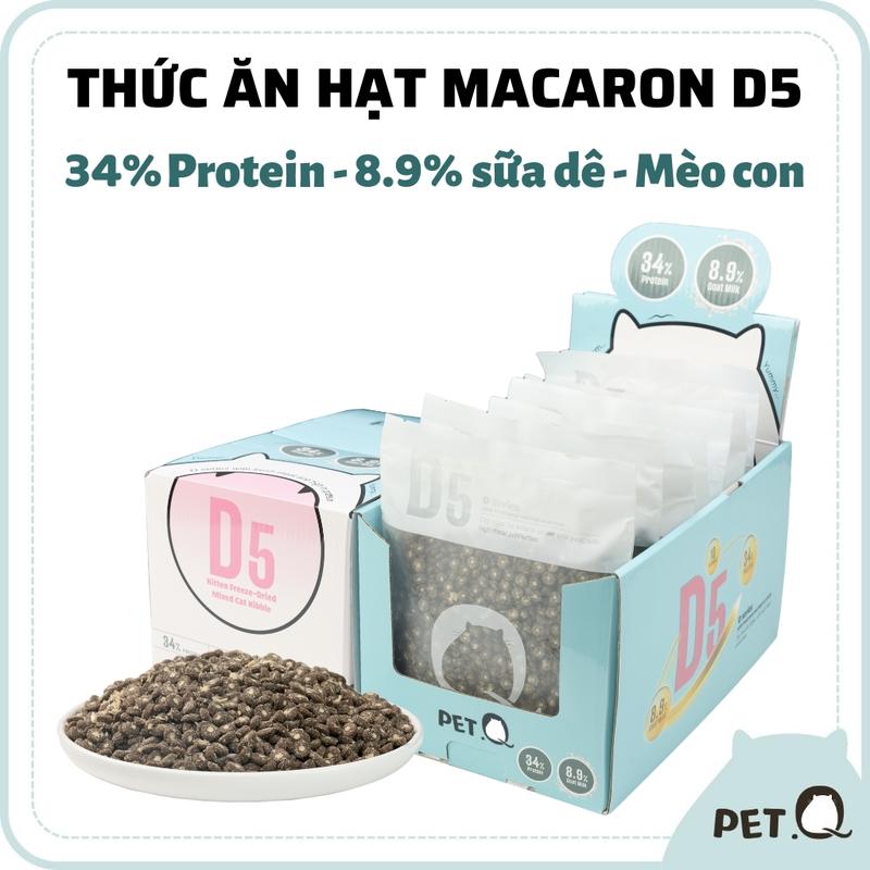 Thức ăn hạt cho mèo PetQ, Hạt macaron D5 PetQ, 34% protein, 8.9% sữa dê, Dễ tiêu hóa, Không muối & ngũ cốc, Cho mèo con