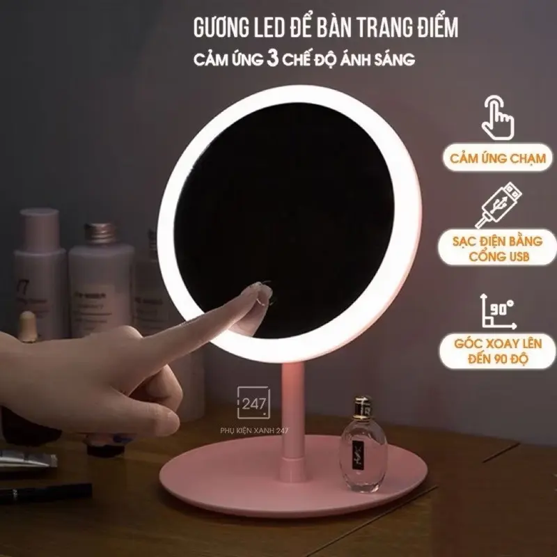 [Kèm Dây Sạc] Gương đèn LED cảm ứng 3 chế độ ánh sáng hình tròn để bàn trang điểm - Giao Màu Ngẫu Nhiên 0