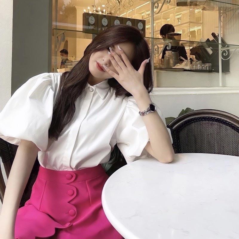 Áo sơ mi tay phồng tiểu thư đính ngọc vạt tôm xinh xắn 2