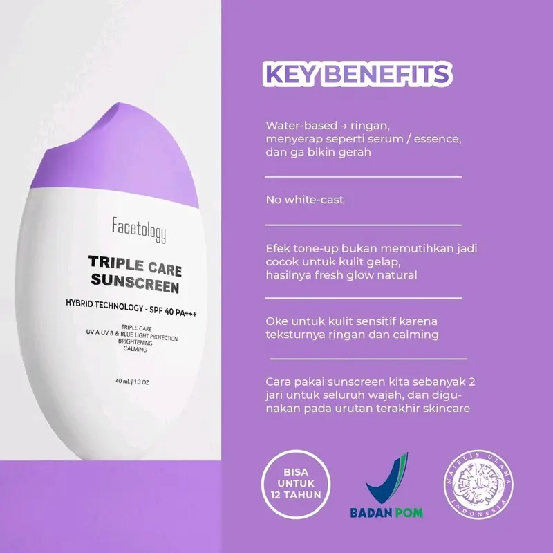 FACETOLOGY Triple Care Sunscreen SPF 40 PA++++ Wajah 4