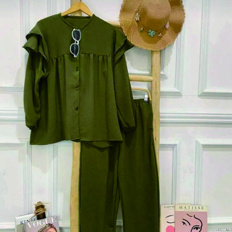 Product Introduction of Reva One Set Stelan Wanita Crinkle Airflow Muslim Celana Setelan Baju Atasan Kancing baju  Panjang 12