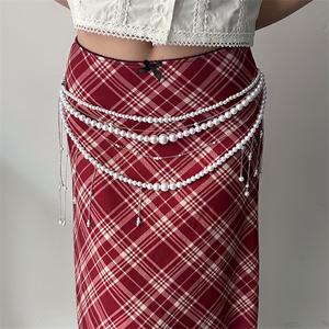 Tali Pinggang Berjumbai Mutiara Tiruan, Mewah dan Elegan, Berbilang Lapisan, Untuk Wanita, Gaya Elegan dan Individu, Fesyen dan Kemas, dengan Elemen Reka Bentuk Mewah, Sebagai Aksesori.