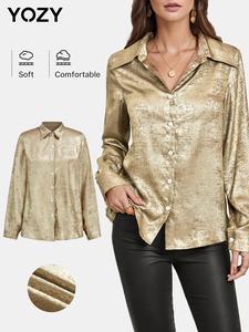 YOZY Women's Glitter Button Front Shirt, Elegant Long Sleeve Collared Top for Party Holiday, Ladies Clothes for All Seasons