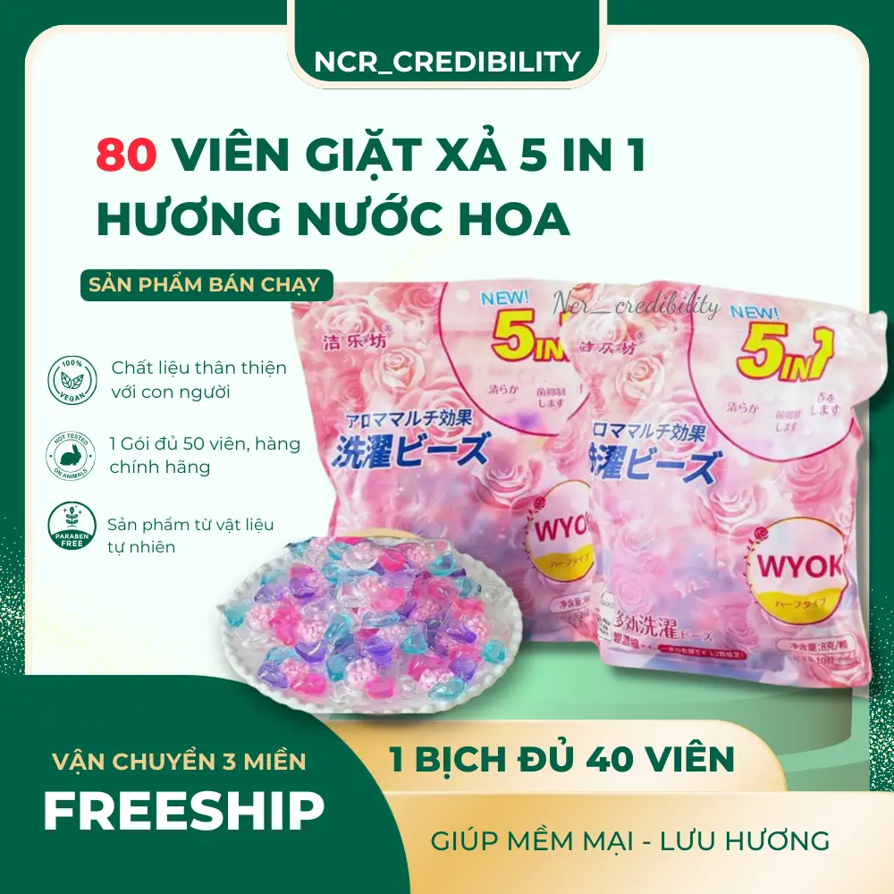 80 Viên Giặt Xả 5 in 1 Gói 40 Viên Lưu Hương Lâu Hương Nước Hoa Làm Sạch