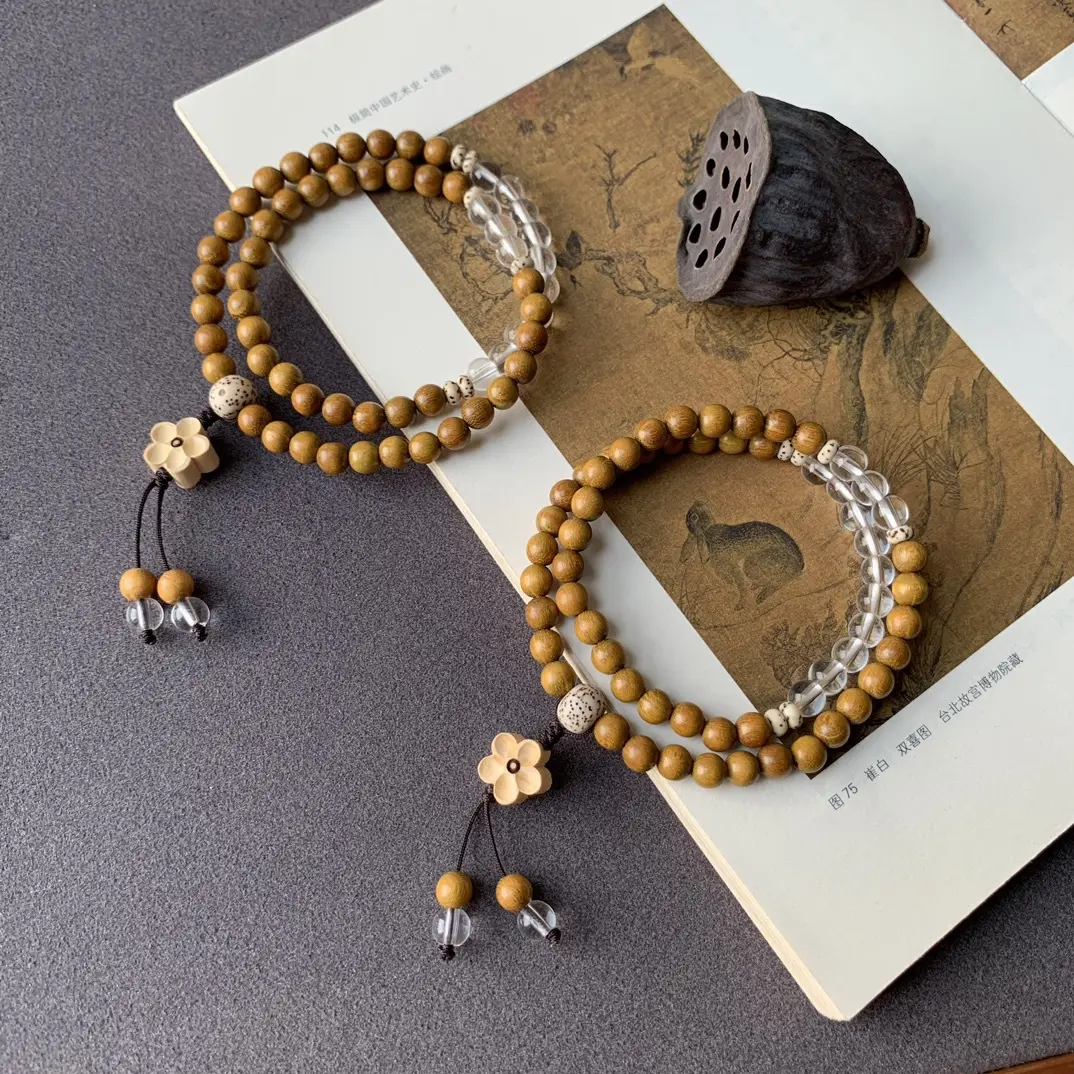 PSY Sandalwood Double Circle Bracelet with Boxwood Carved Peach Blossom New Style Wholesale Bracelet with Versatile Natural Bodhi