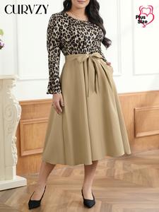 CURVZY Plus Size Leopard Print Pocket Belted Flounce Sleeve A Line Dress, Elegant Long Sleeve Round Neck Dress for Party Holiday Wedding Guest, Women's Clothes for Spring & Fall