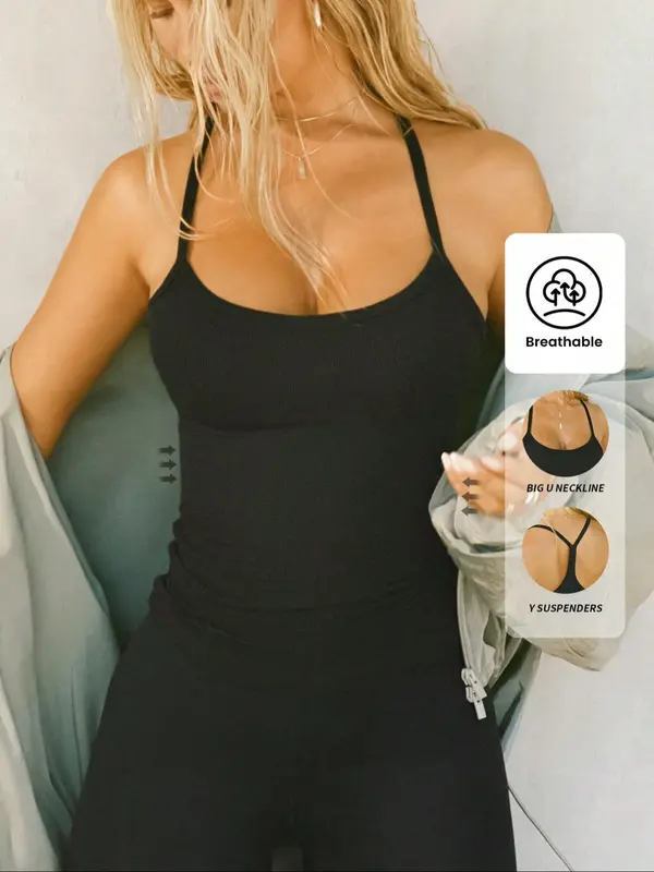 Women's Solid Sports Cami Top, Casual Sporty Sleeveless Top for Yoga Gym Workout, Ladies Sportswear for All Seasons, Womenswear, Tank Tops 2