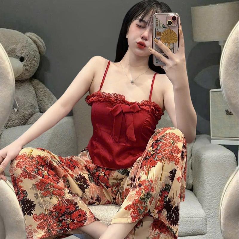 Sét bộ dây nơ lụa xinh (freesize 40-55kg) có mút ngực tôn dáng nhún chun cho nữ - Women Nữ Nhung Áo Quần Ngủ đồ Kem Sen Voi 3