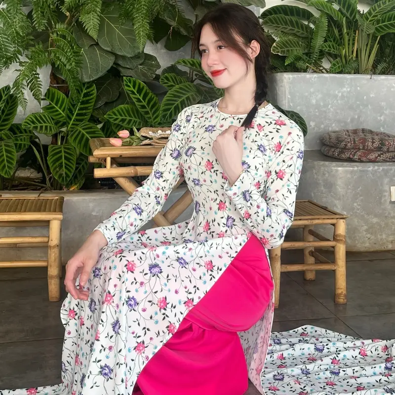 Bộ áo dài lụa in 3D cao cấp kèm quần lụa sang trọng. Women Nữ 0
