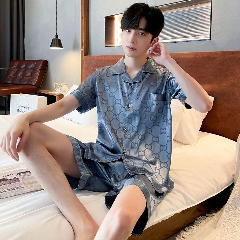 Bộ Đồ Ngủ Lụa Băng Kẻ Sọc Cho Nam, Phong Cách Hàn Quốc, Dáng Rộng, Thường Ngày, Ngắn Tay, 1 Bộ 3