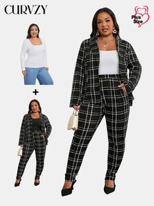 CURVZY Plus Size Three-Piece Set All Over Geometric Print Button Front Blazer & High Waist Pants & Scoop Neck Long Sleeve Tee Set, Casual Lapel Neck Long Sleeve Outerwear & High Waist Trousers & T-shirt, Women's Spring & Fall Outfits