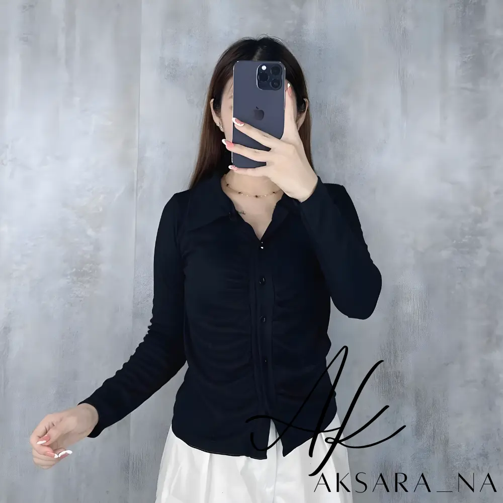 AKSARANA Scrunch Slim Long Sleeve Shirt Kemeja rib kerut Kemeja wanita kancing kerut Kemeja Kerut Korean Fashion Panjang Atasan Kerah Basic Linen Casual