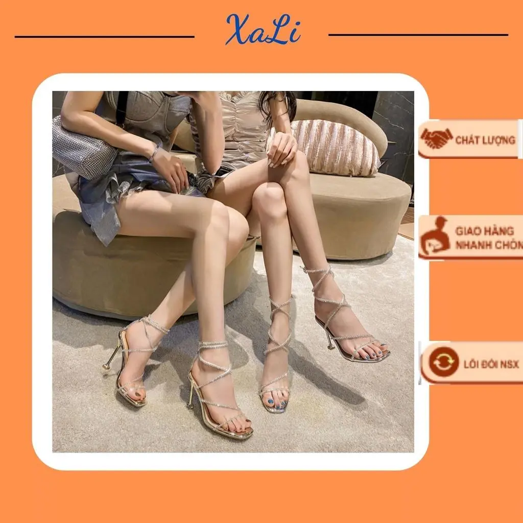Giày Cao Gót Nữ XALI Thời Trang Nữ Thần Gót trụ 9p Quai Trong Sandal Cô Dâu Hở Ngón Mũi Vuông Đính Đá Pha Lê Lấp Lánh