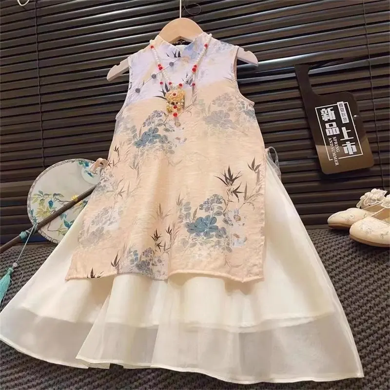 Dress Anak Perempuan Import Cheongsam Bunga Tanpa Lengan Outer Inner Shiffon Cantik 0