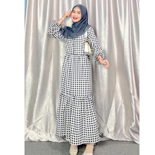 Zaina Dress Gamis Lebaran Kekinian Motif Kotak Kotak Gamis Busui Friendly OOTD Dressah Dress Kotak Kotak Katun Gamis Ied Dewasa Midi Muslim Wanita Mocca 3