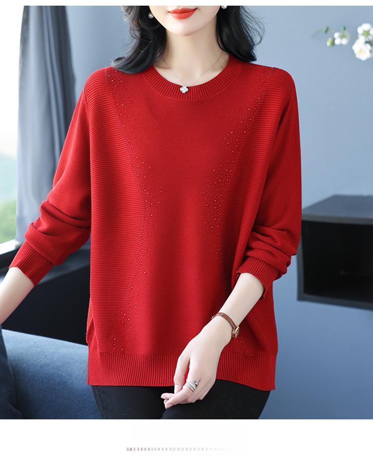 Product Introduction of Knatwear women's round neck rhinestone sweater new fashion mom loose Western style knits long sleeve thin top crop 17
